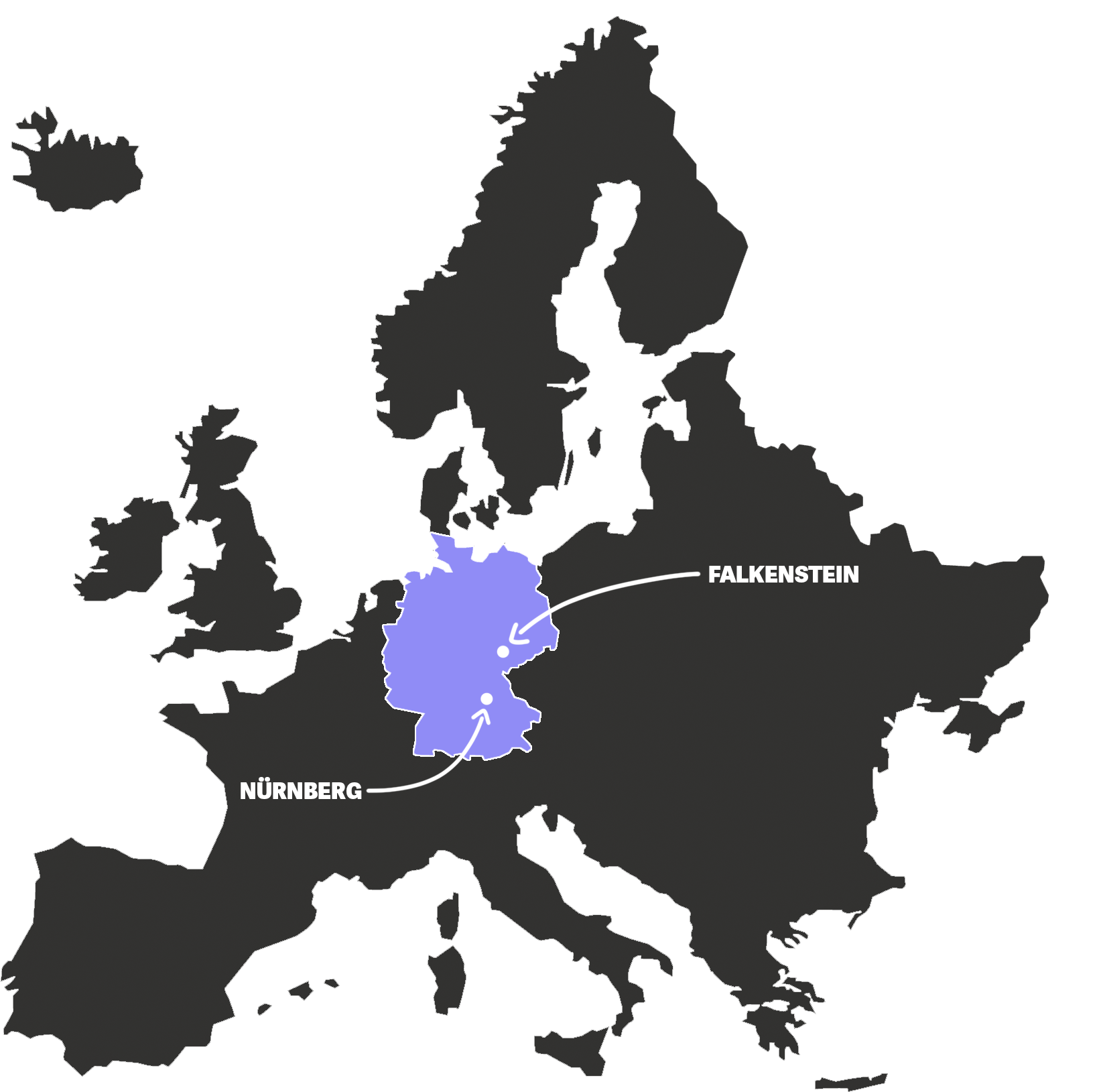 Karte Europas mit hervorgehobenem Deutschland und unseren Rechenzentrums-Standorten Falkenstein und Nürnberg