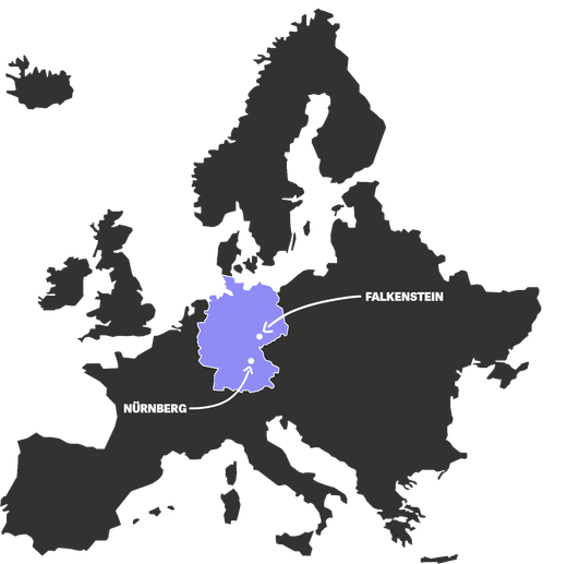 Karte Europas mit hervorgehobenem Deutschland und den Rechenzentrums-Standorten Falkenstein und Nürnberg